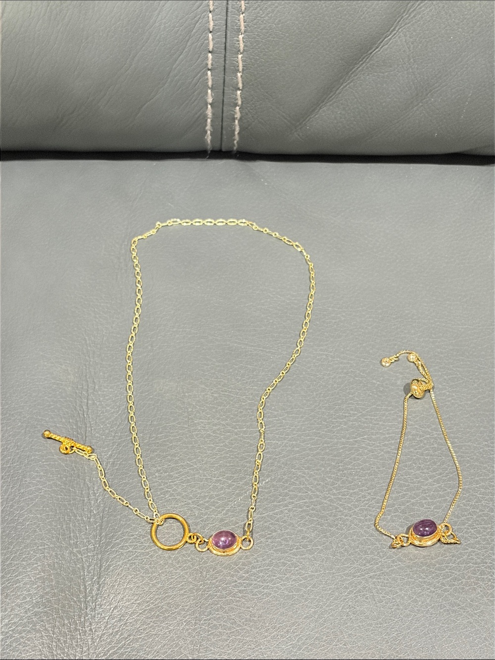 NWOT Gold-Plated Necklace and Bracelet Set with Purple Gemstone